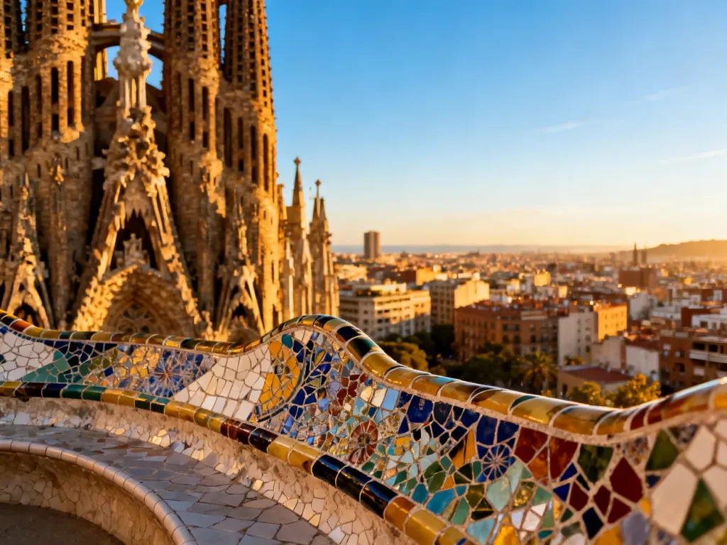 Widok na bazylikę Sagrada Familia w ciepłym świetle zachodzącego słońca, z kolorową mozaiką na pierwszym planie.