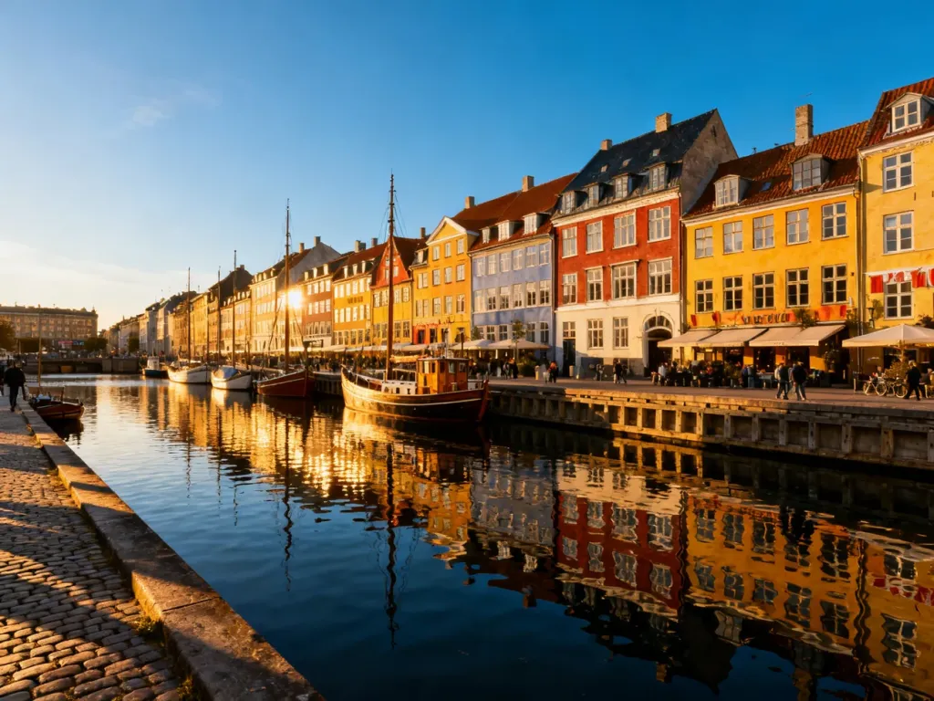 Kolorowe kamienice nad kanałem Nyhavn w Kopenhadze w promieniach zachodzącego słońca.