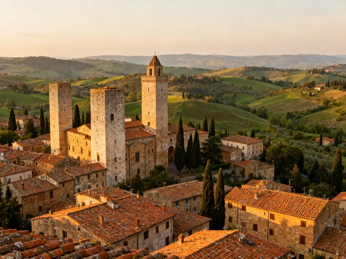 Panorama średniowiecznego San Gimignano z wieżami, wzgórzami i cyprysami