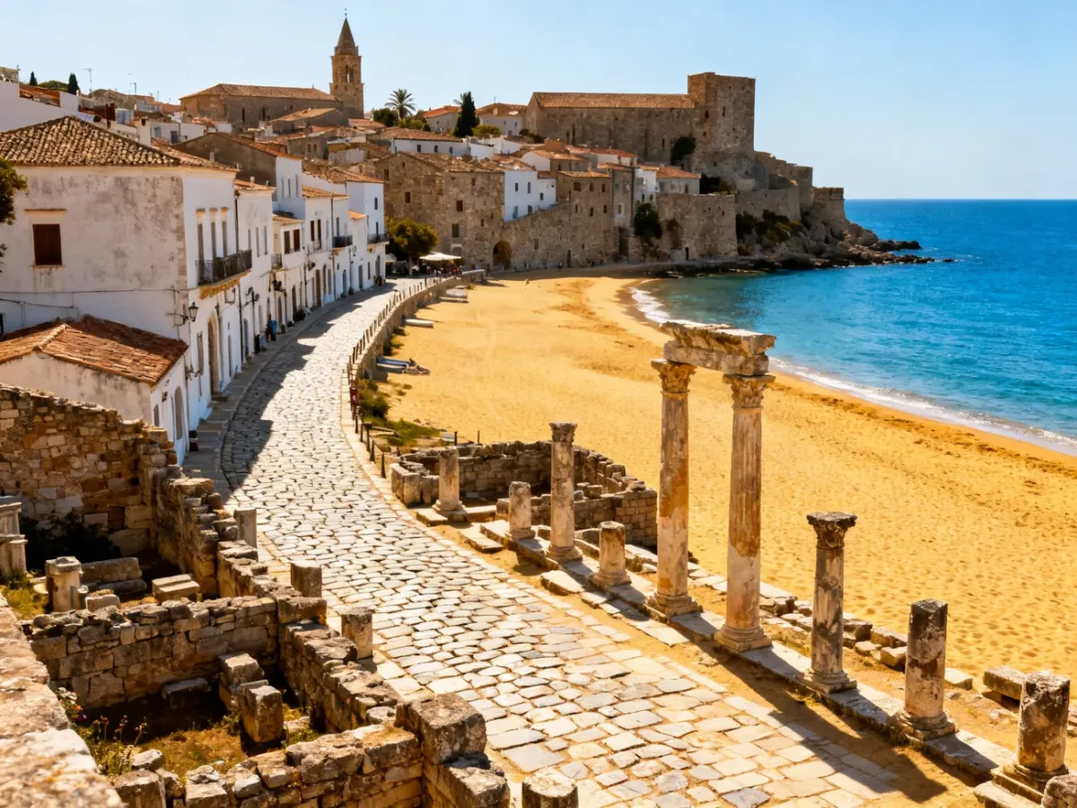 Panoramic view of Rhodes combining medieval architecture, ancient ruins and a sunny beach