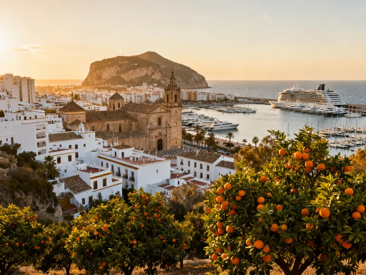 Panoramic view of Marbella with the historic old town, Mediterranean coast, marina and La Concha mountain