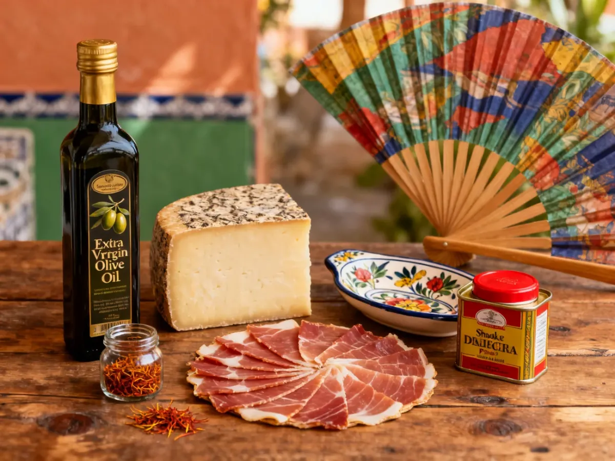 Regional Spanish food and handcrafted souvenirs arranged on a table