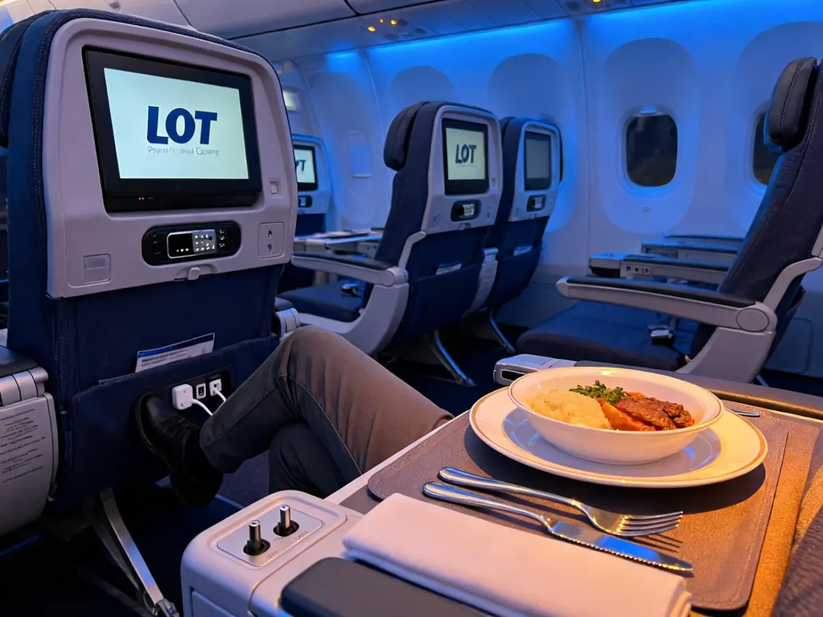Fotel Premium Economy w kabinie LOT Dreamlinera z posiłkiem i udogodnieniami