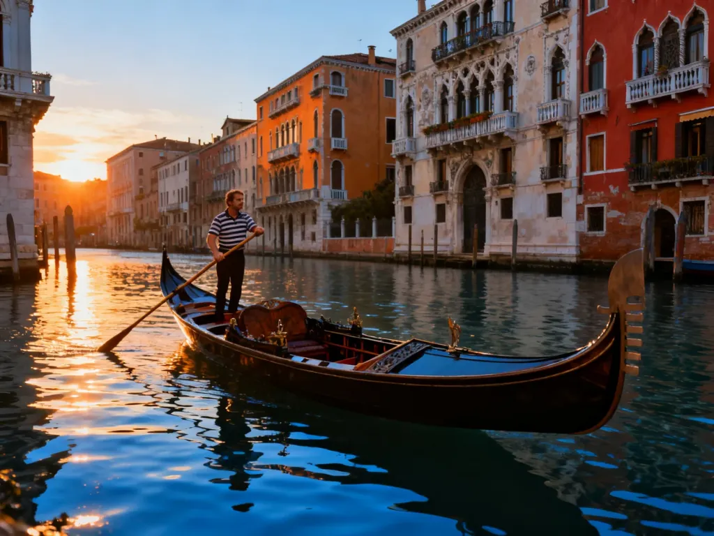 Gondolier płynący tradycyjną łodzią po Canale Grande w Wenecji podczas malowniczego zachodu słońca.