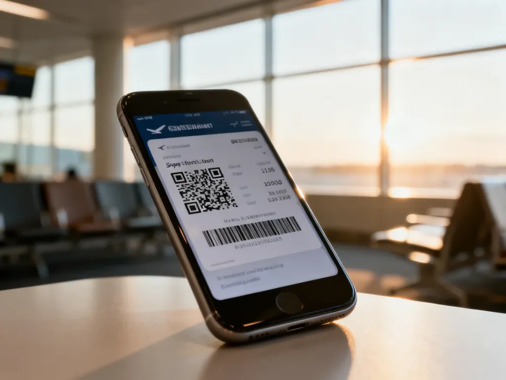 Ekran smartfona z cyfrową kartą pokładową i kodem QR na tle lotniska, ilustrujący proces odprawy online.