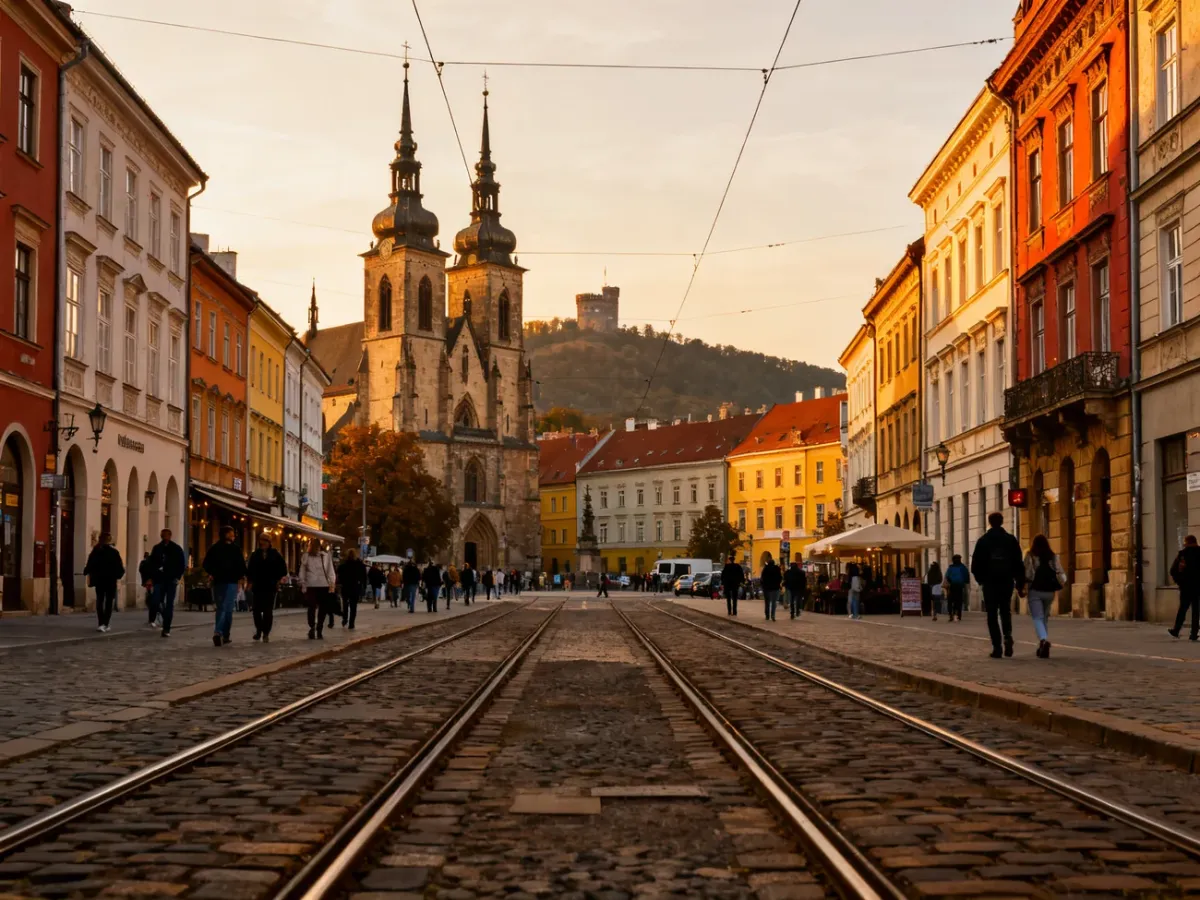 Panorama historycznego centrum Brna z gotyckimi wieżami i wzgórzem Špilberk