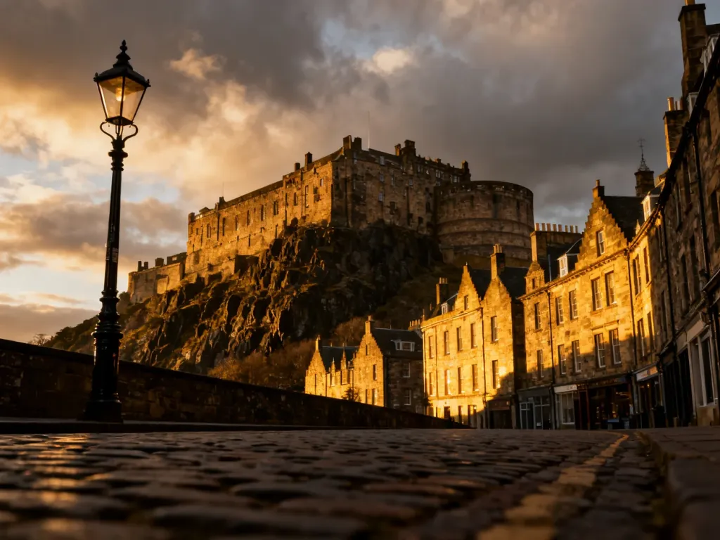 Zamek w Edynburgu górujący nad historyczną ulicą Royal Mile w blasku zachodzącego słońca.