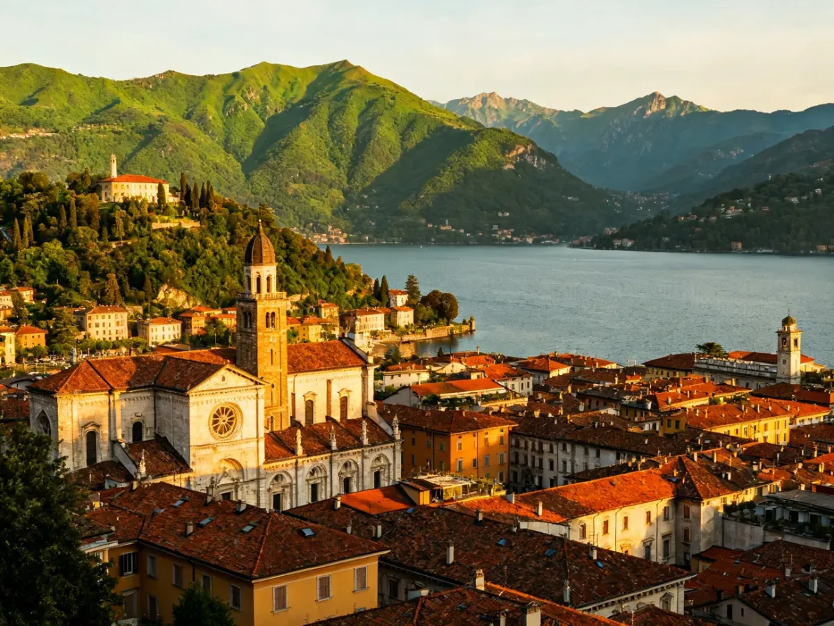 Panorama Como nad jeziorem z katedrą, Brunate i alpejskimi górami w tle
