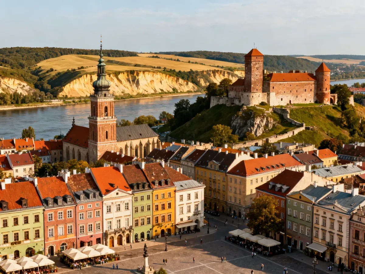 Panorama Kazimierza Dolnego z rynkiem, ruinami zamku i doliną Wisły