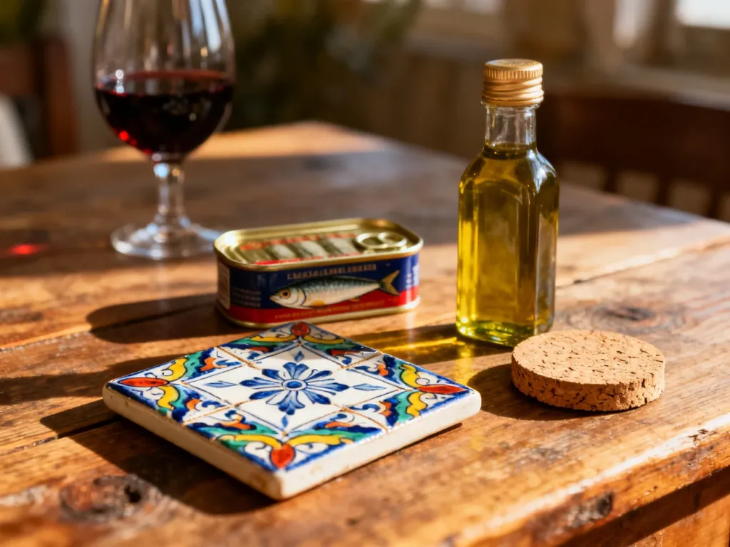 Tradycyjne portugalskie pamiątki, takie jak płytki azulejos, korek, oliwa, sardynki i wino porto na drewnianym stole.