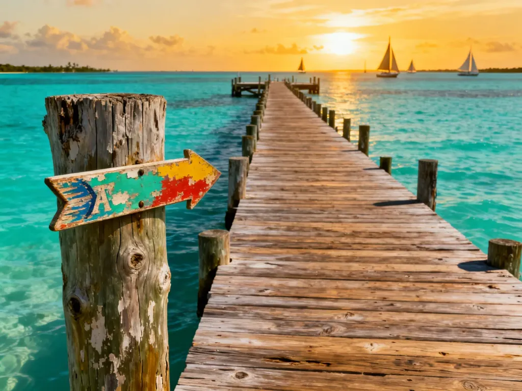 Drewniane molo z drogowskazami na tle turkusowych wód i zachodzącego słońca w Key West.