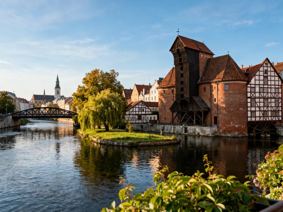 Widok Bydgoszczy nad Brdą z zabytkowymi spichrzami i Wyspą Młyńską