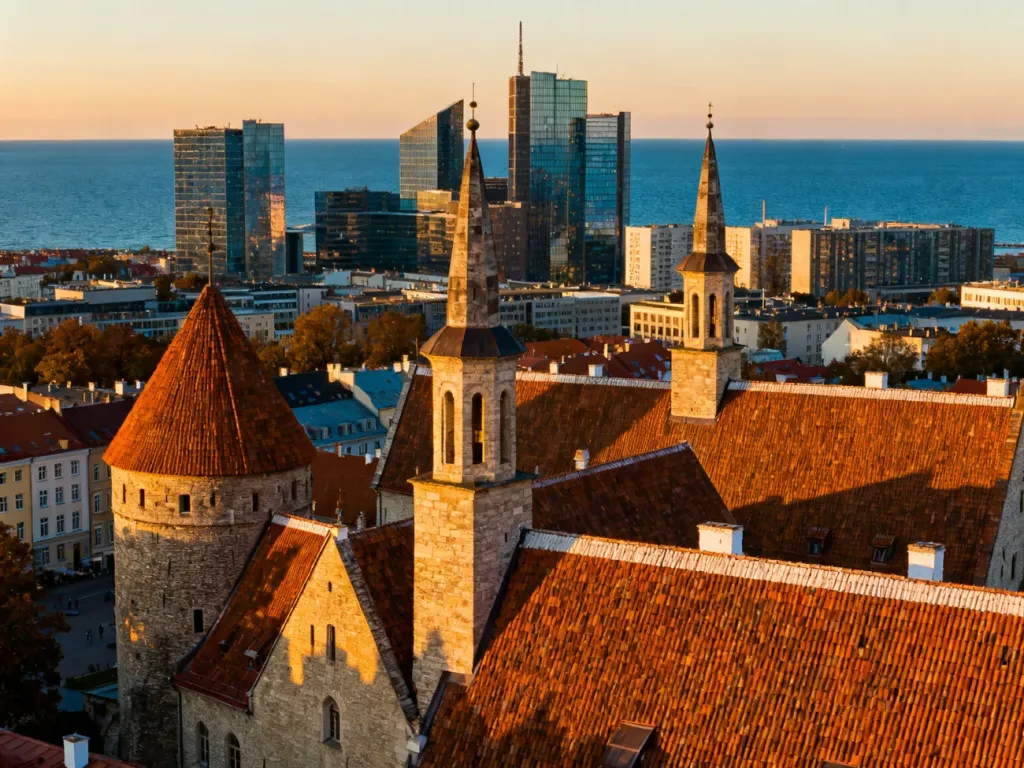 Panoramiczny widok na Stare Miasto w Tallinnie o zachodzie słońca, łączący średniowieczną architekturę z nowoczesnością.