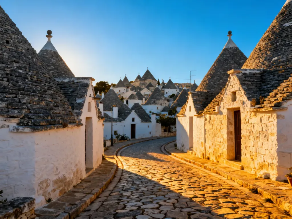 Wąska, brukowana uliczka w Alberobello z charakterystycznymi domami trulli o stożkowych dachach w świetle zachodzącego słońca.