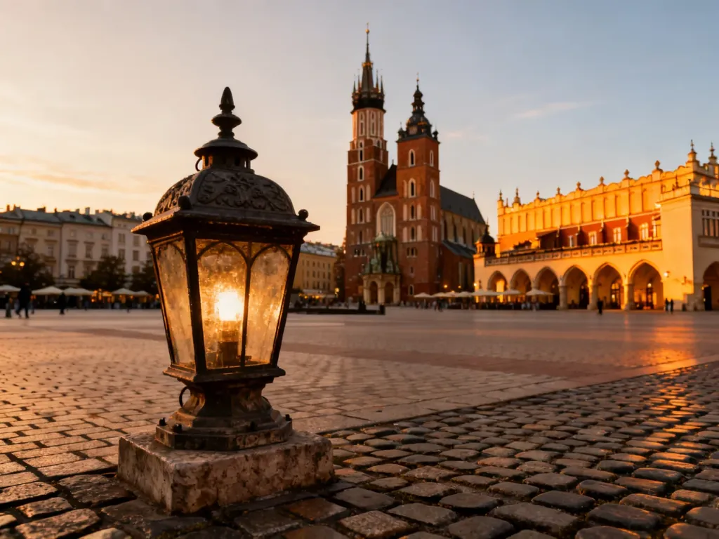 Widok na krakowski Rynek Główny z Bazyliką Mariacką i Sukiennicami w ciepłym świetle zachodzącego słońca.