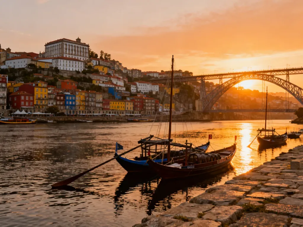 Panoramiczny widok na kolorowe domy w Porto, rzekę Douro i zabytkowy most o zachodzie słońca.