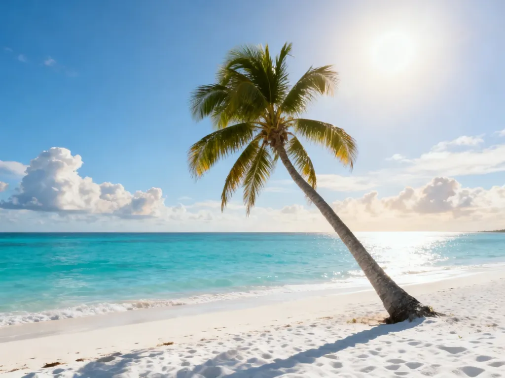 Piaszczysta plaża z palmą i turkusowe morze na Dominikanie w pełnym słońcu.