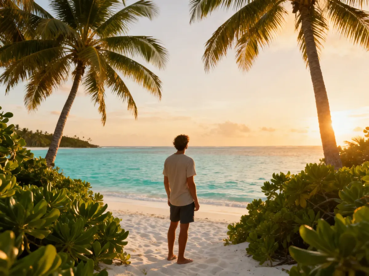 Tropikalna plaża na Zanzibarze z turkusowym oceanem i palmami o zachodzie słońca