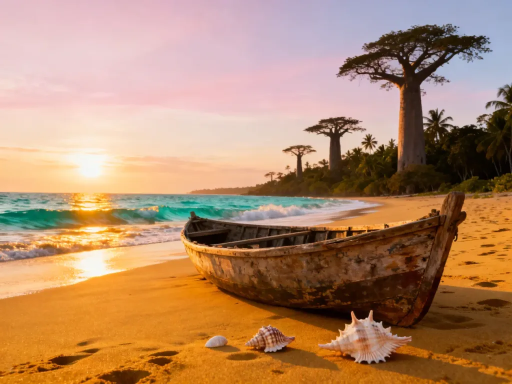 Piaszczysta plaża na Madagaskarze o wschodzie słońca z drewnianą łodzią i baobabami w tle.