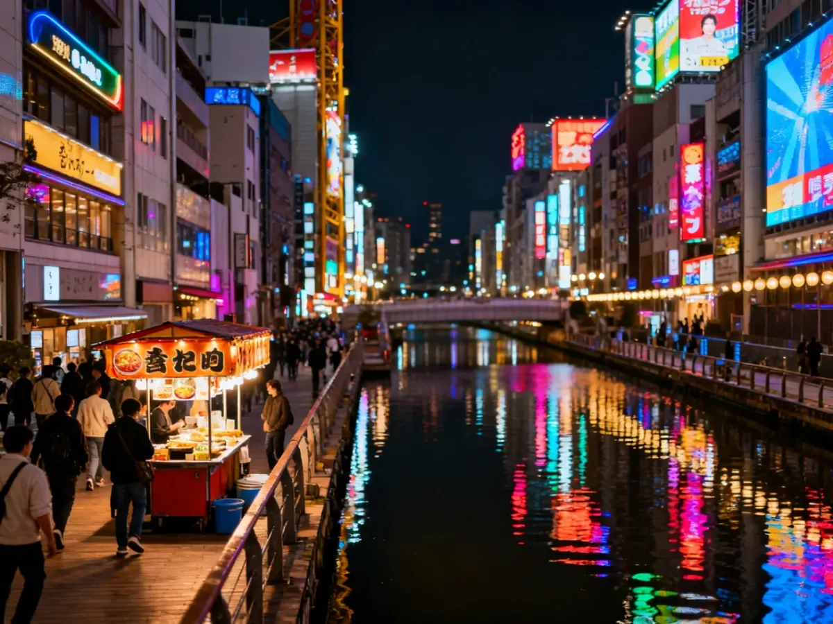 Wieczorny widok na kanał Dotonbori pełen neonów i spacerujących ludzi