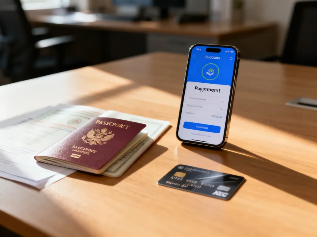 Smartfon z potwierdzeniem płatności, paszport oraz karta płatnicza na biurku, ilustrujące opłacanie paszportu online.