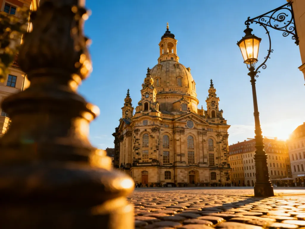 Kościół Frauenkirche w Dreźnie o zachodzie słońca, oświetlony ciepłym światłem, z widoczną kopułą na tle błękitnego nieba.
