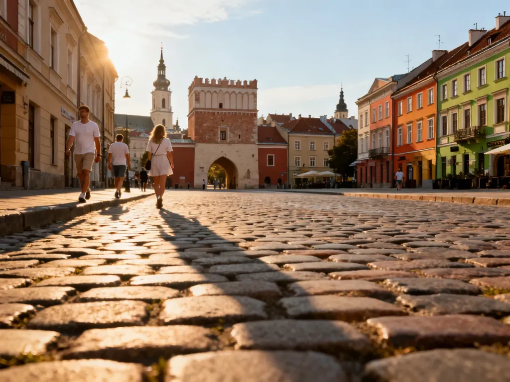 Stare Miasto w Lublinie o zachodzie słońca z widokiem na Bramę Krakowską i kolorowe kamienice, spacerujący ludzie, no text on the picture