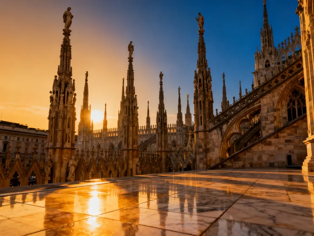 Katedra Duomo di Milano w blasku zachodzącego słońca, ukazująca detale gotyckiej architektury i marmurową fasadę.