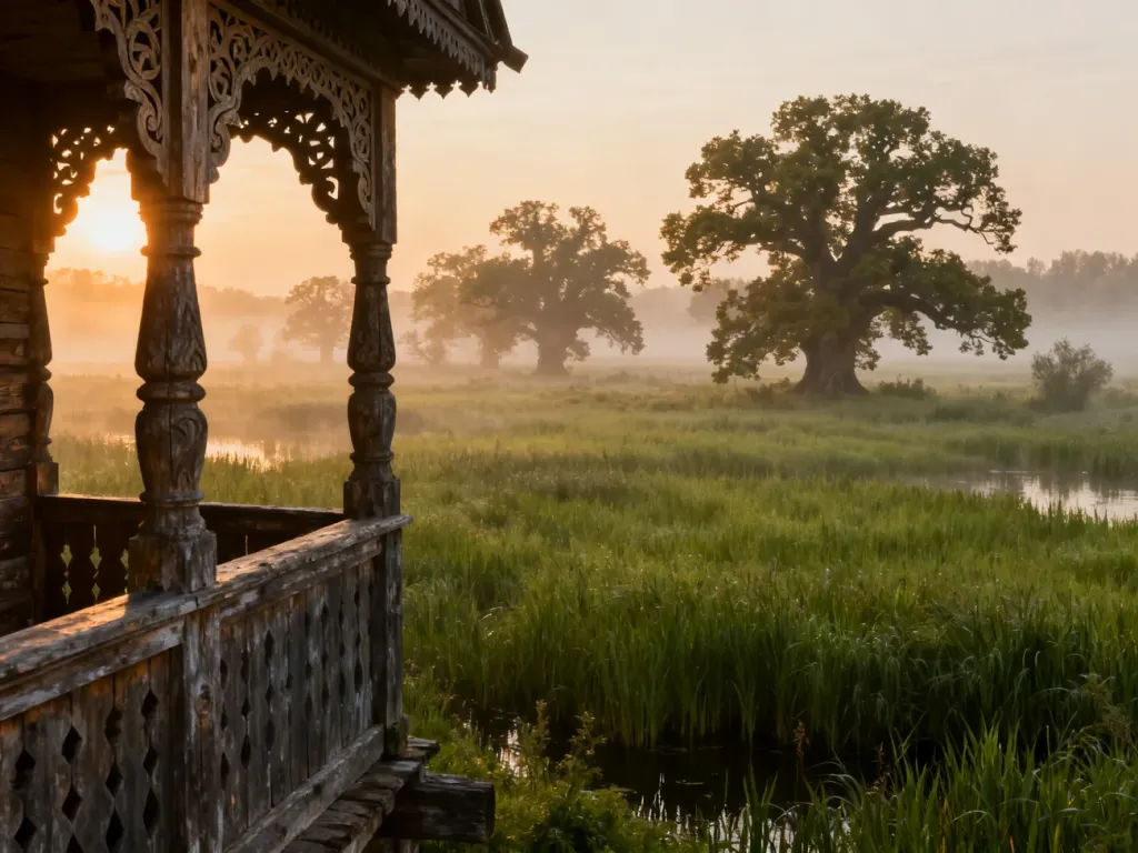 Poranny widok na rzekę Narew z tradycyjną drewnianą architekturą w otoczeniu malowniczych podlaskich rozlewisk.