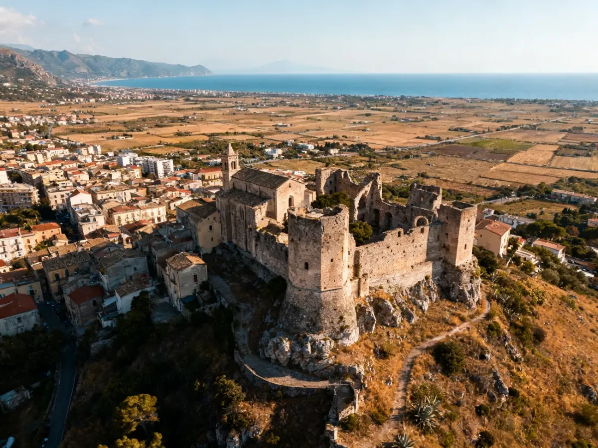 Panoramic view of Lamezia Terme with the castle ruins above Nicastro
