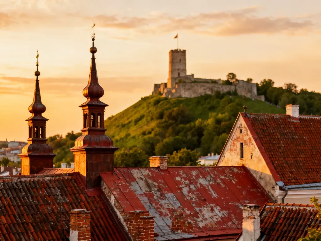Panoramiczny widok na wileńską Starówkę o zachodzie słońca z widoczną wieżą Giedymina na wzgórzu.