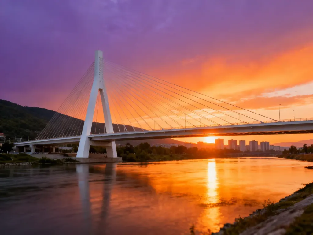 Most Millennium Bridge w Podgoricy o zachodzie słońca z malowniczym widokiem na rzekę Morača i panoramę miasta.