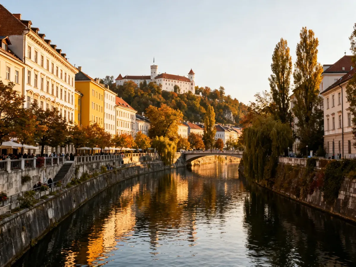 Panorama Lublany z rzeką Ljubljanicą, starówką i zamkiem na wzgórzu