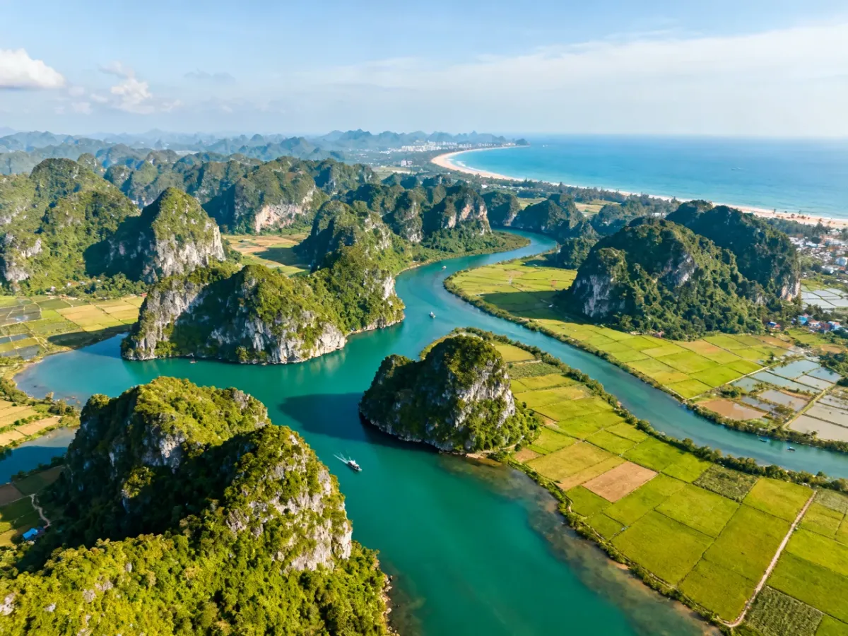 Panoramic view of Vietnam’s mountains, limestone islands, rivers, and coastline