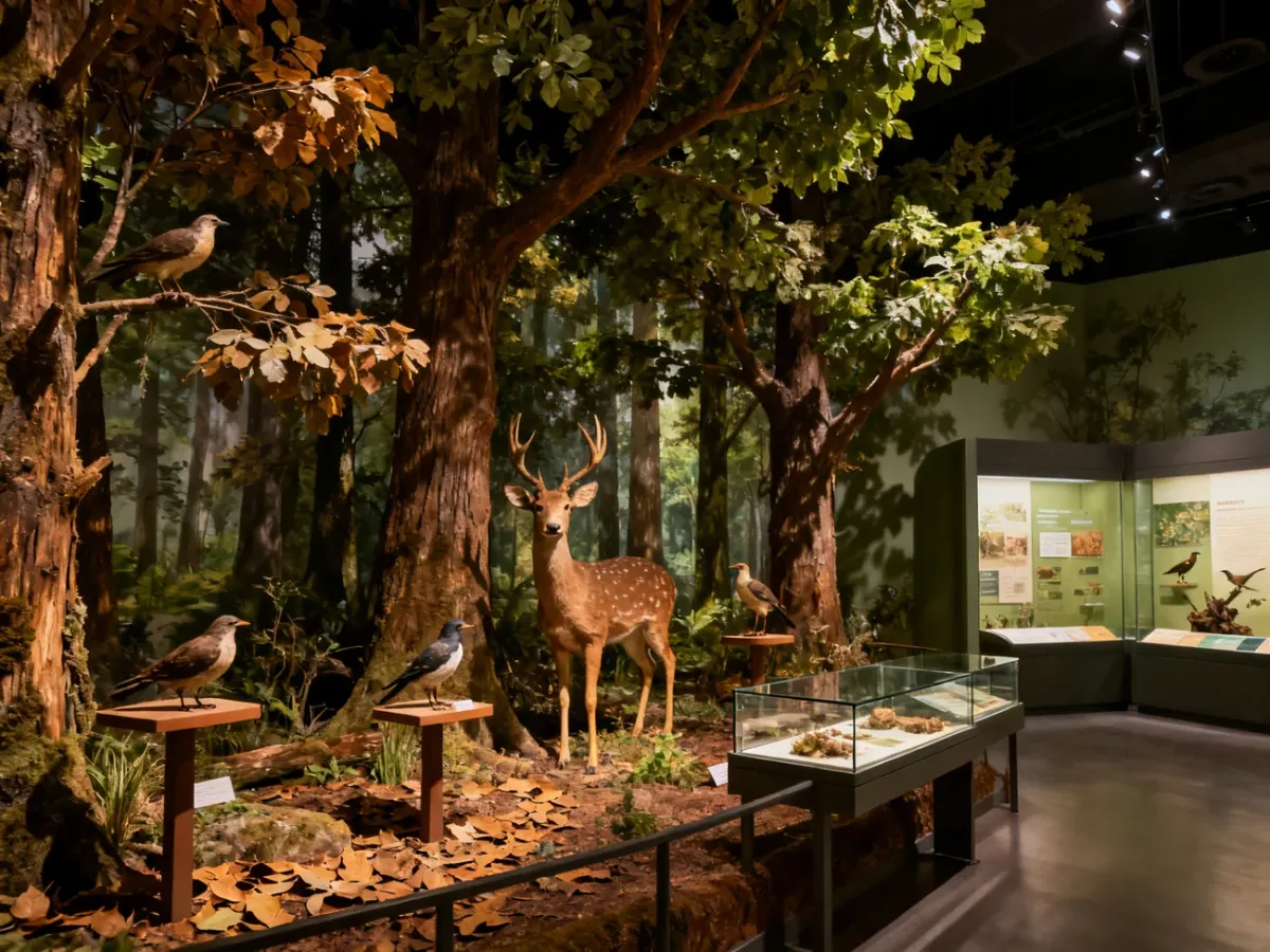 Wnętrze muzeum przyrodniczo-leśnego z ekspozycją puszczańskiej fauny