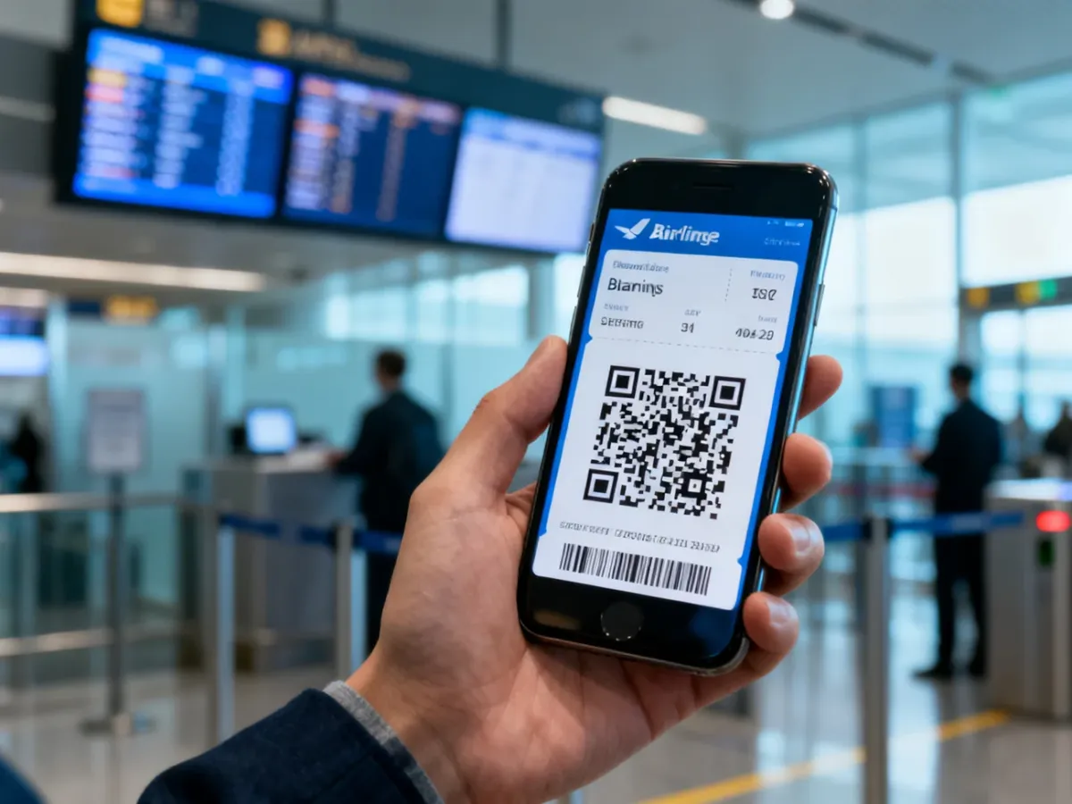 Telefon z elektroniczną kartą pokładową i kodem QR na lotnisku