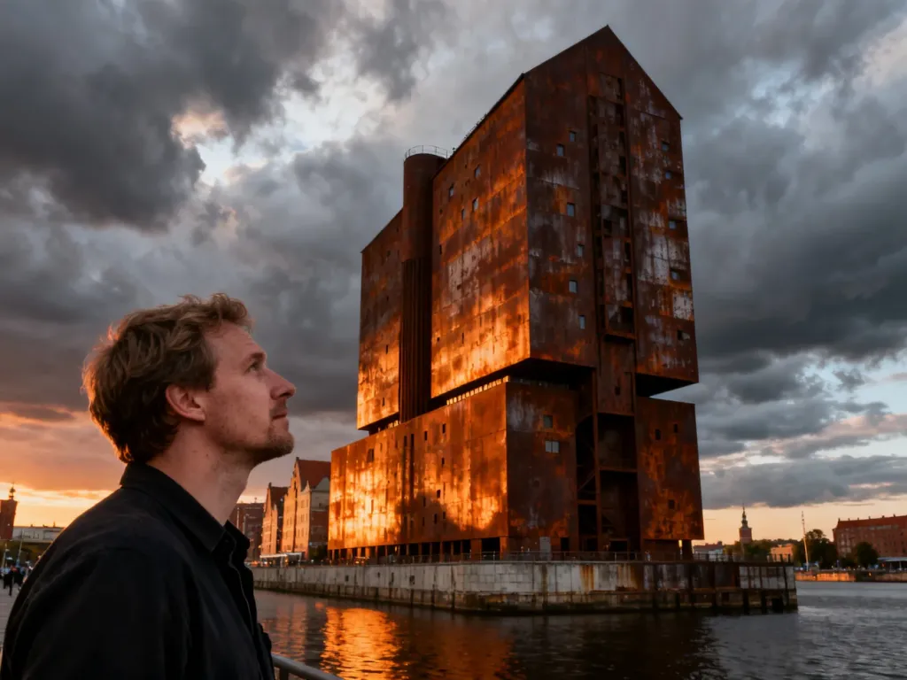 Zwiedzający podziwia monumentalną, rdzewiejącą bryłę Muzeum II Wojny Światowej w Gdańsku w blasku zachodzącego słońca.