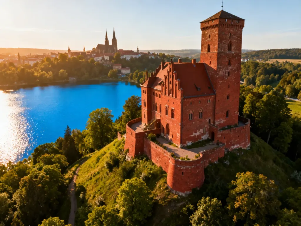 Zamek Kapituły Warmińskiej w Olsztynie wznoszący się nad jeziorem w otoczeniu zieleni i historycznej zabudowy miasta.