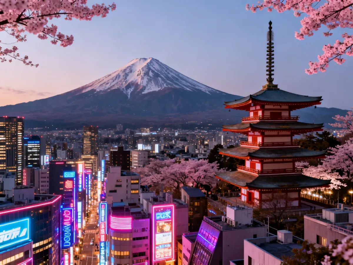 Panoramic view of Japan blending Tokyo, a Kyoto temple, Mount Fuji and cherry blossoms