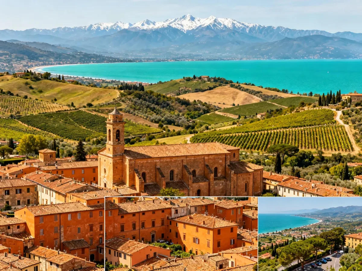 Panoramic Italian landscape combining a historic city, Tuscan hills, Mediterranean coast and Alpine mountains