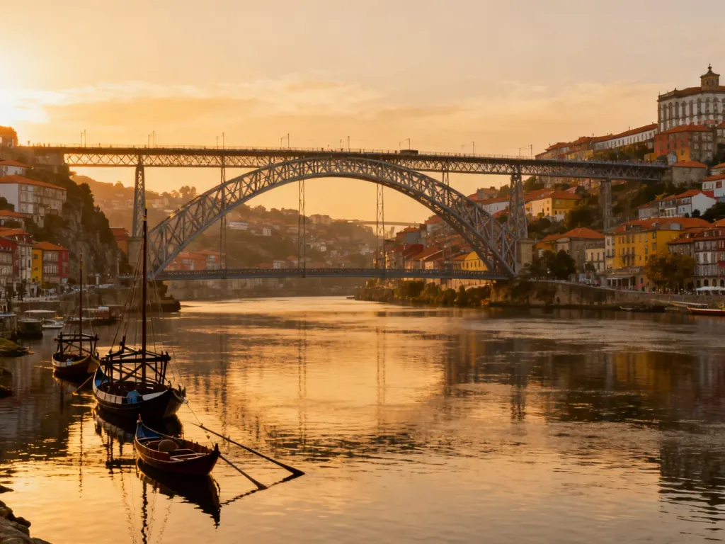 Panoramiczny widok na Porto o zachodzie słońca z mostem Dom Luís I, rzeką Douro i zabytkową dzielnicą Ribeira.
