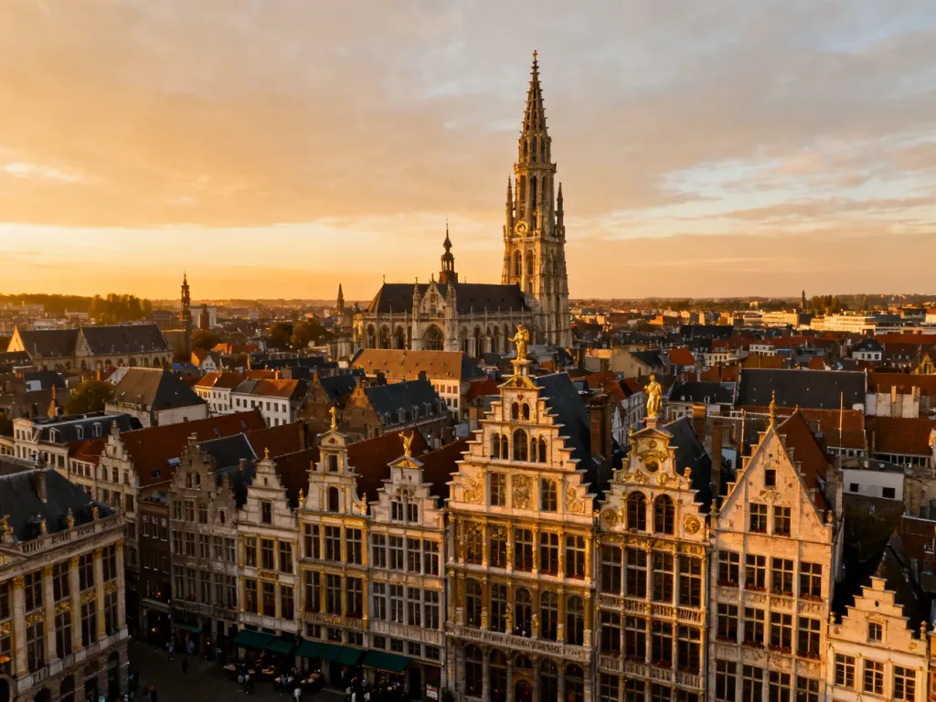 Panoramiczny widok na Grote Markt w Antwerpii o zachodzie słońca, prezentujący zabytkowe kamienice i wieżę katedry.