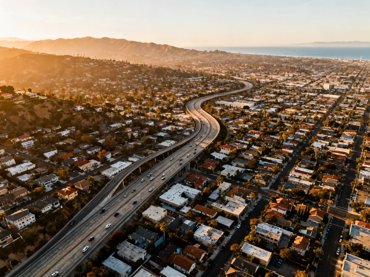 Panorama Los Angeles z autostradami, dzielnicami i górami w tle