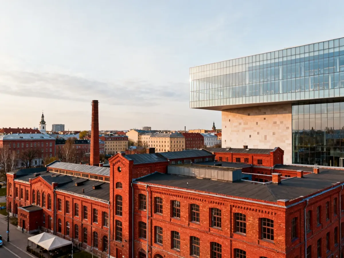 Panorama Łodzi łącząca zabudowę z czerwonej cegły, dawne fabryki i nowoczesną architekturę