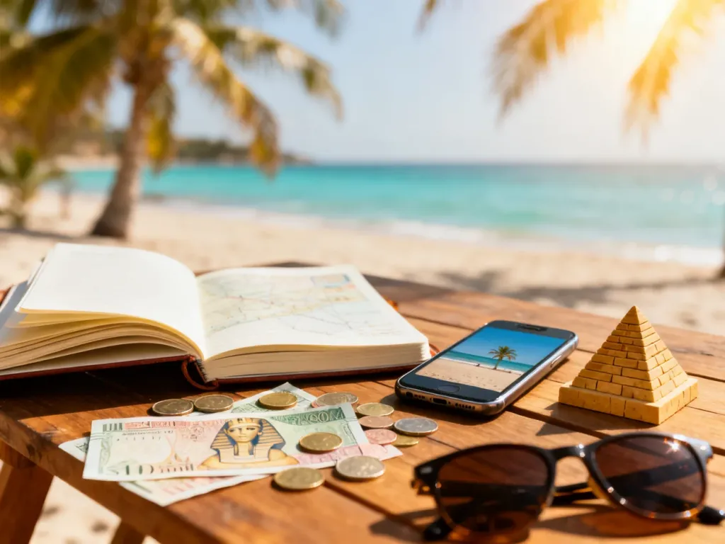 Planowanie 7‑dniowej wycieczki do Egiptu: notatnik podróżny, egipska waluta, piramida i plaża w tle