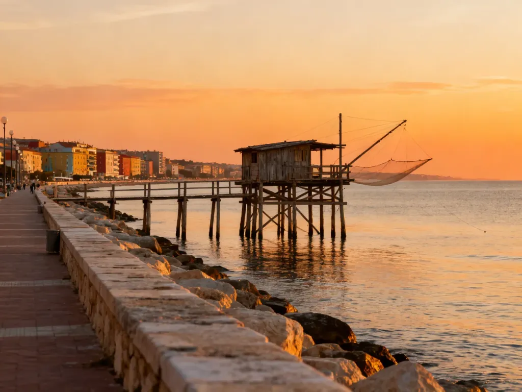 Malownicza promenada w Pescarze z tradycyjnym trabocco na tle zachodzącego słońca nad Adriatykiem.