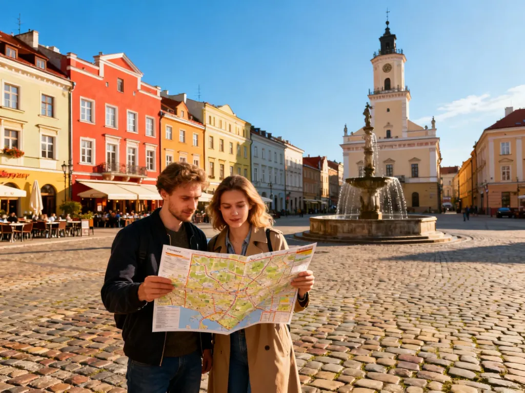 Para turystów ogląda mapę na rzeszowskim rynku, w tle ratusz, kolorowe kamienice i kawiarniane ogródki, no text on the picture