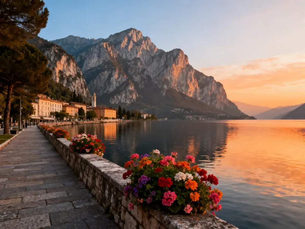 Malownicza promenada w Lecco nad jeziorem Como o zachodzie słońca z widokiem na majestatyczne góry Grigna.
