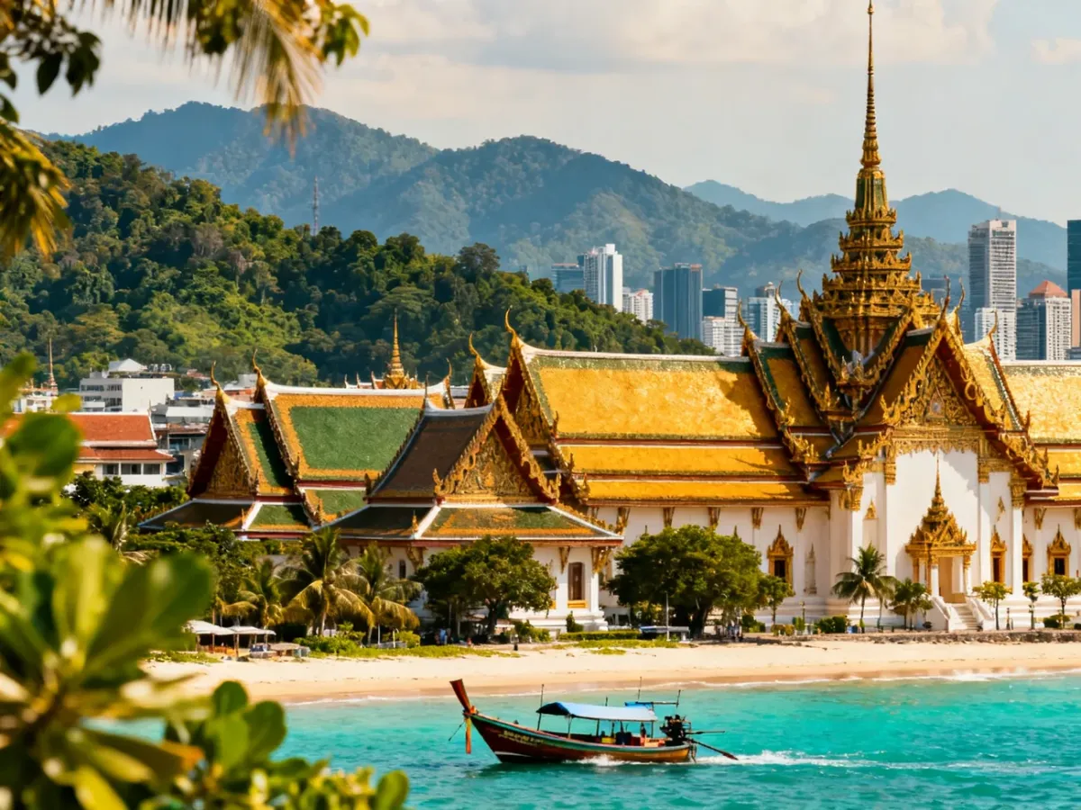 Panoramic view symbolizujący różnorodność Tajlandii: Bangkok, góry i tropikalne wybrzeże