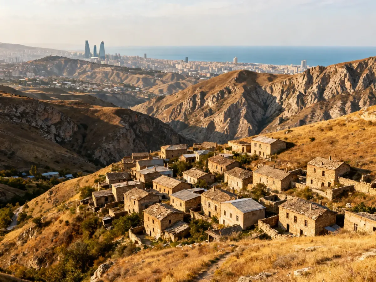 Panoramic krajobraz Azerbejdżanu łączący góry Kaukazu, zabytkową zabudowę i nowoczesne Baku